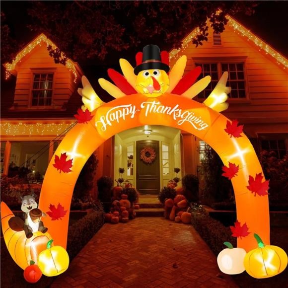 12FT Thanksgiving Giant Inflatable Turkey Arch with Squirrel Pumpkin Decor